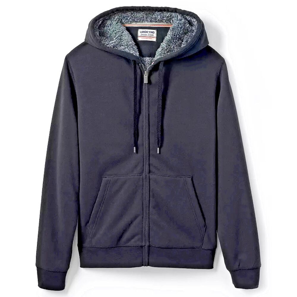 Lands End Serious Sweats Full Zip Sherpa Hoodie Mens Sz XXL Charcoal Comfy Cozy